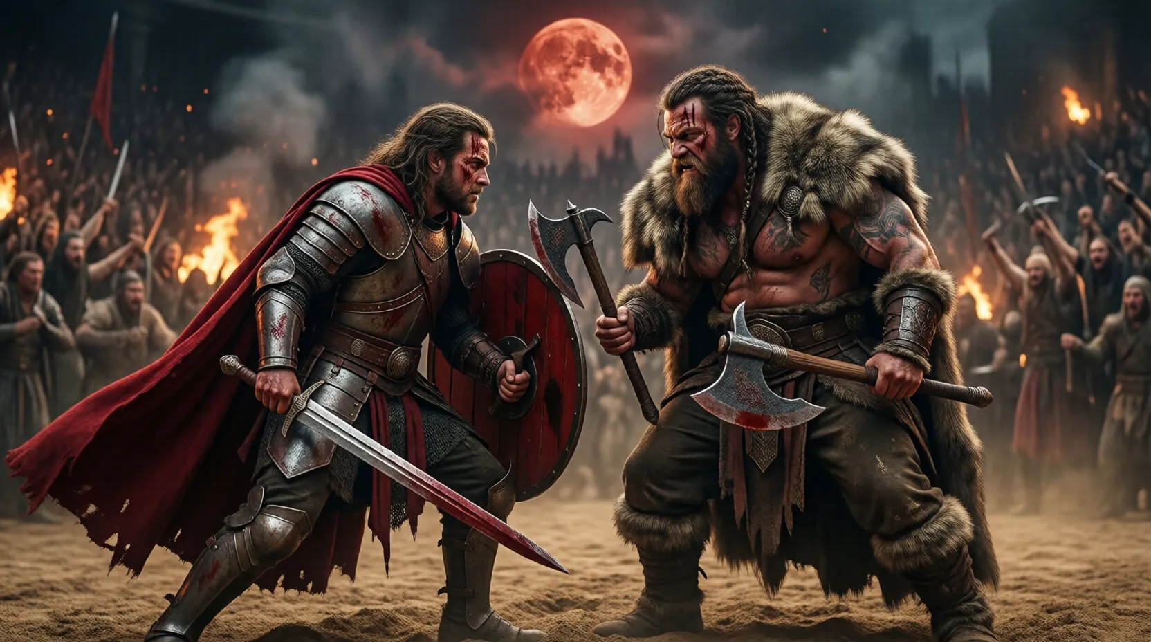 Two warriors face each other on the sand of the Arena beneath a blood moon